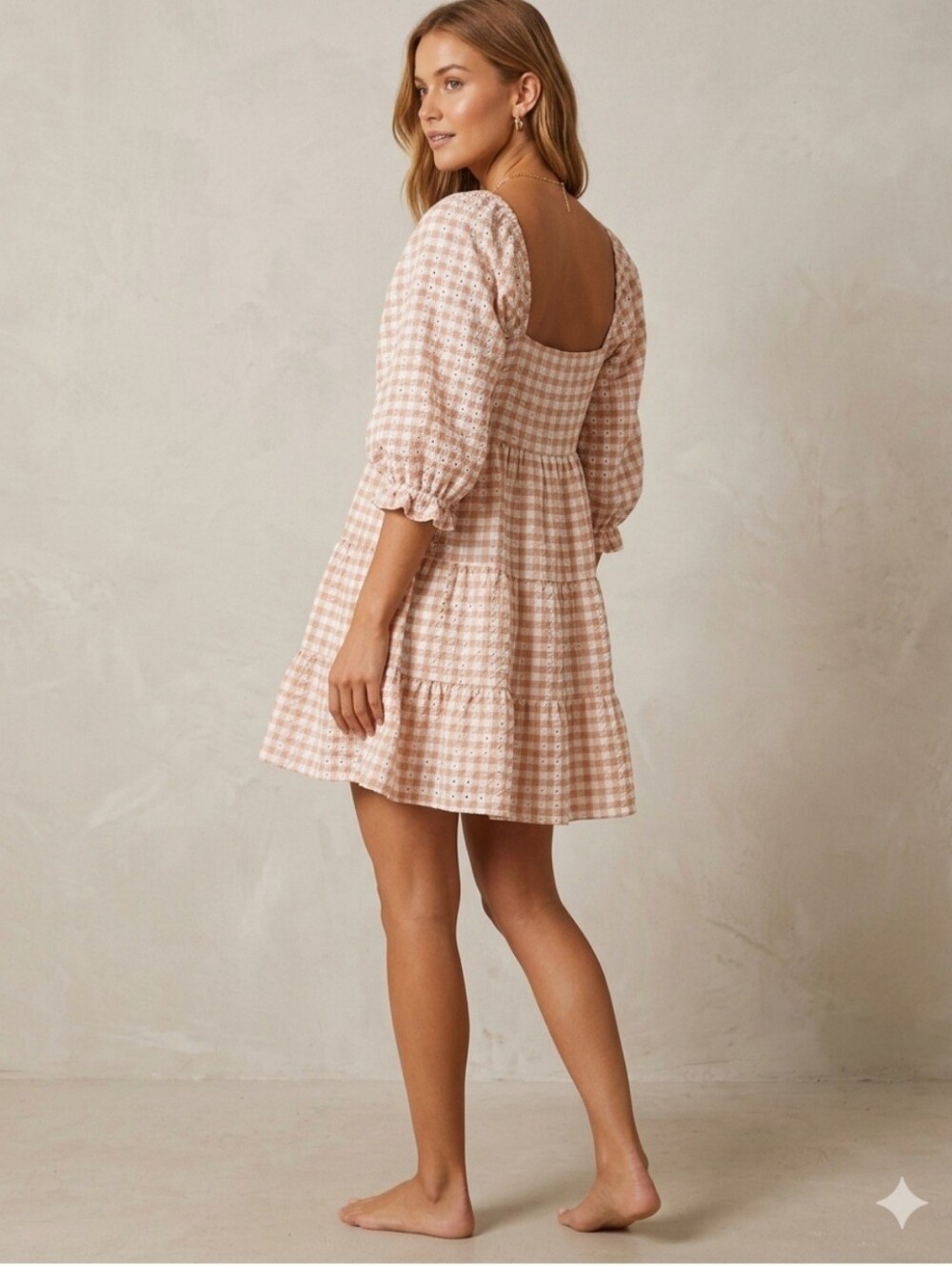 Storia Blush Pink Gingham Puff-Sleeve Midi Dress Pit 18 Length 37